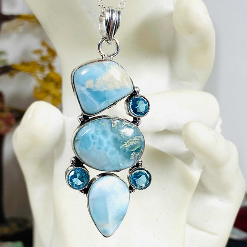 Imagen 1 de 7 de Colgante Plata India Larimar Y Topacio Azul 100% Natural Clt