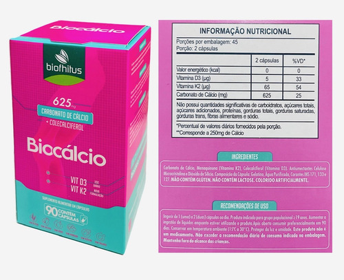 Biocalcio 625mg. + Vit D3, K2 Cálcio 90 Caps. Biofhitus