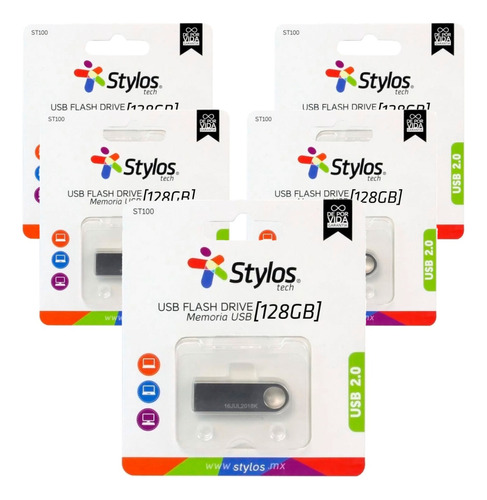 Kit 5 Memoria Usb 128gb St100 Flash 2.0 Stylos Tech