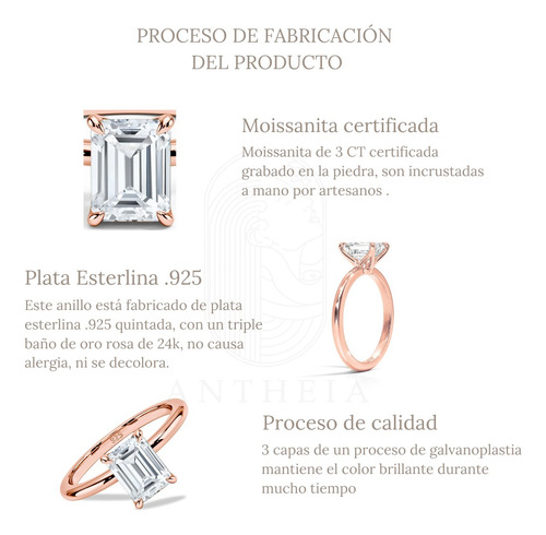 Anillo Compromiso Corte Esmeralda 3 Ct Oro 24k Antheia Rosa 7
