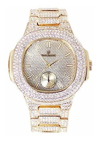 Bling-ed Out Oblong Case Metal Mens Watch - 8475 - Gold Gold