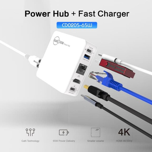 Estación Carga Multi Puertos 65whub Ethernet Usb Pd3.0 Inpro Blanco