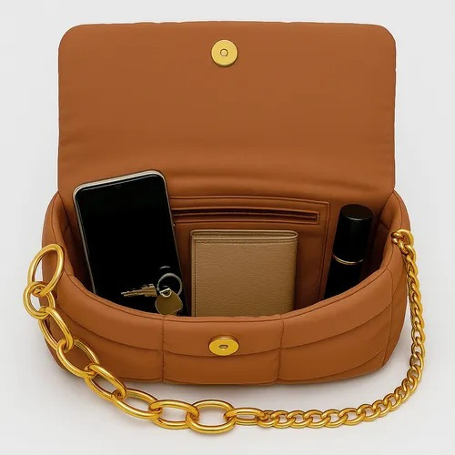 Bolsa Bandolera Mensajera Bolsa Dama Moda Mujer Acabado de los herrajes Oro Color Marrón Correa de hombro Oro Diseño de la tela Lisa