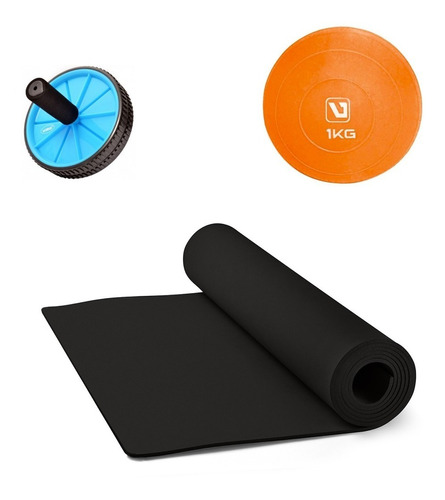 Kit Funcional Roda Exercício + Soft Bola 1kg + Tapete Eva