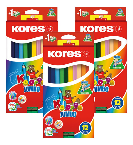 3 Cajas Colores Jumbo 12pzs Extra Suaves Kores +sacapuntas
