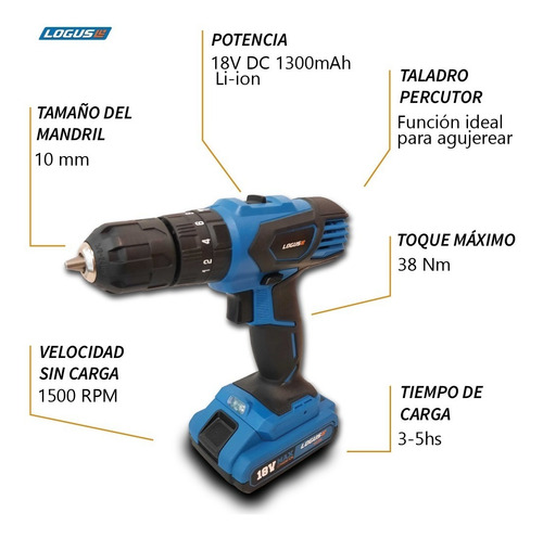 Imagen 2 de 8 de Taladro Percutor Inalambrico Litio Logus 18v Max + Maletin