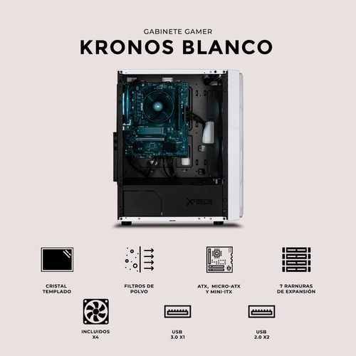 Gabinete Gamer XTREME PC GAMING Kronos Media Torre ATX 600W 4 Fan ARGB Cristal Templado Blanco