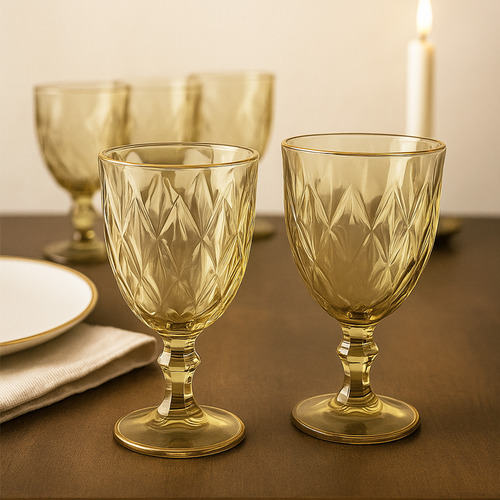 Set X6 Copas Vidrio Tallado Dakota Elegante Vintage Color Dorado