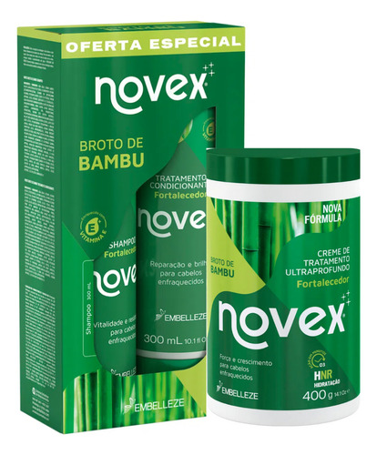  Novex Broto de Bambu Kit Shampoo Condicionador Creme 400G Broto Bambu Novex Kit Shampoo Condicionador e Creme de tratamento en pote e frasco