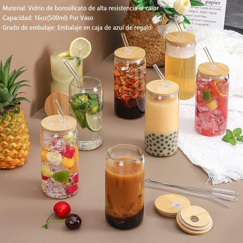 Conjunto 6 Copos De Vidro Com Tampas De Bambu E Canudos