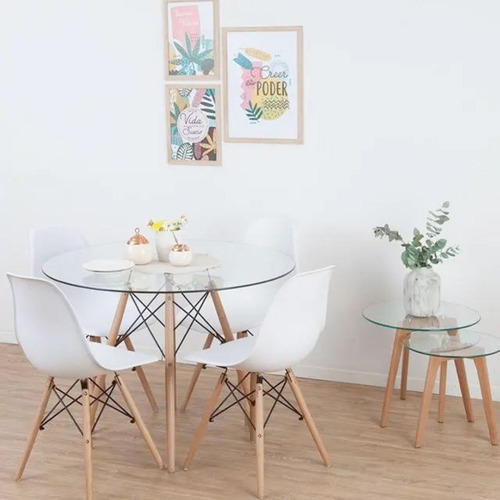 Mesa De Comedor Redonda De Vidrio Pata Madera - Eames 100cm