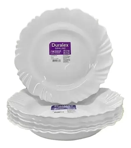 Jogo 06 Pratos Fundo Branco Duralex Opaline Vidro Pétala