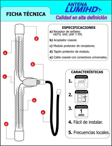 Antena Tv Hdtv Exterior Pvc 40cm Largo Con 3m Cable Lumihd Blanco