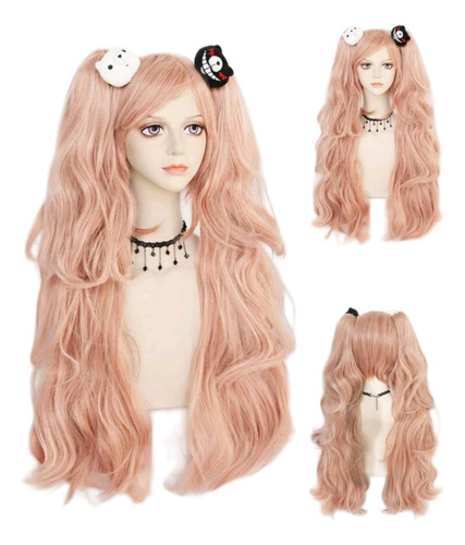 Peluca Rosa Claro Coletas Rizadas Junko Enoshima Cosplay Tamaño De La Base Unitalla