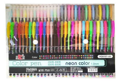 Set Pluma Gel Brillantes 60 Colores Glitter Neon Pastel 1mm