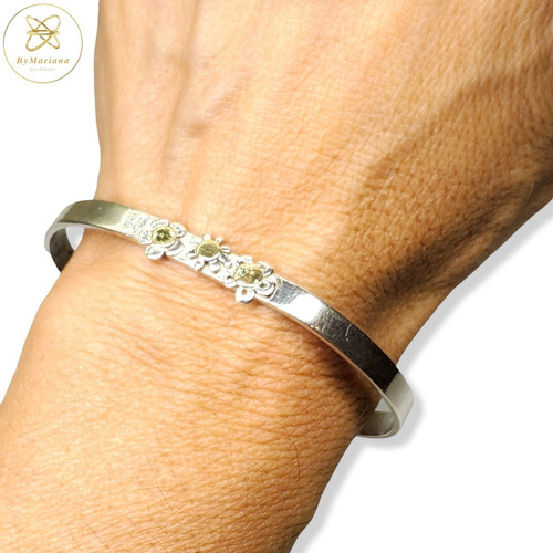 Imagen 4 de 6 de Pulsera Plata Y Oro Semiesclava Con Flores