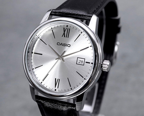 Reloj Casio Plata Mtp-v002l Acero Piel Negro Fechador Full