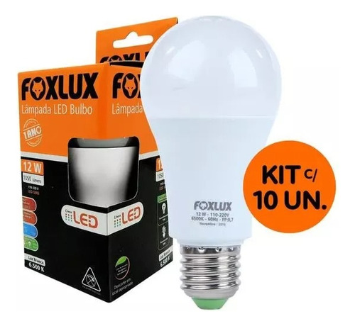 Kit Com 10 Lâmpadas De Led Bulbo 12w 6.500k Foxlux 90.22