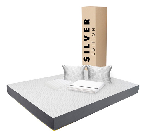Colchón Matrimonial 10 Cm + Sábanas, Protector Y Almohada Blanco Con Gris