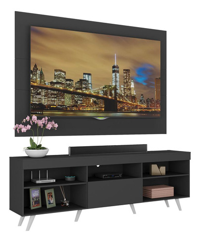 Rack Retrô Painel E Sup Tv Até 65 Miami Multimóveis Mp1061 Cor Preto/Branco