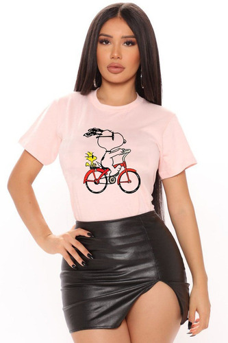 Polera Dama Estampada 100%algodon Snoopy En Bicicleta 500