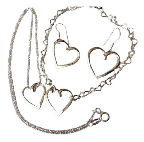 Juego De Corazon Pulsera Aretes Dije Cadena Plata Ley 925