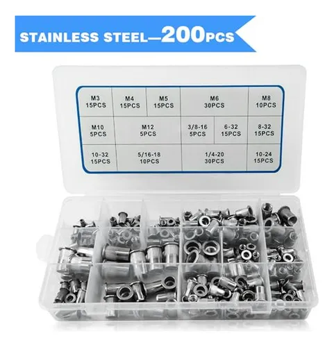 Kit De Tuercas Remachables Akktol 200-piezas De Acero Inoxid