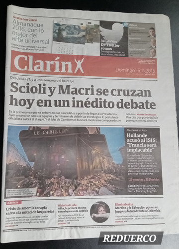 Clarín Atentado En Francia Previa Debate Presiden 2015 15/11 (Usado)