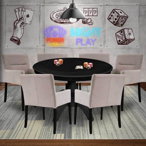 Mesa De Jogos Montreal Preto Com 6 Cadeiras Nude - Gran Belo