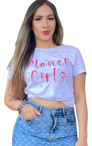 Blusa Camiseta Branca Planet Girls Basica Logo Glitter