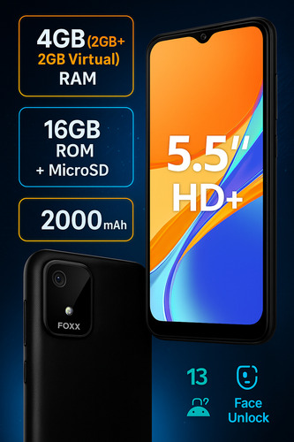Celular Smartphone Foxxd A56 Android 13 4gb Ram (2+2gb) + Audífonos + Chip Telcel + Microsd 64gb Barato Negro