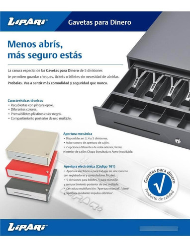 Imagen 5 de 5 de Gaveta Monedero Caja Dinero Lipari 5 Divisiones Con Secreter