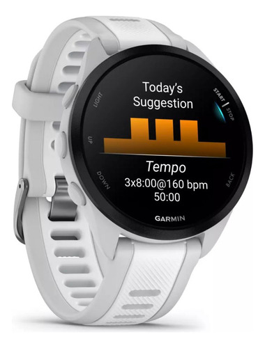 Reloj Garmin Forerunner 165 Music Amoled Whitestone con bisel blanco, diseño de pulsera deportiva negra
