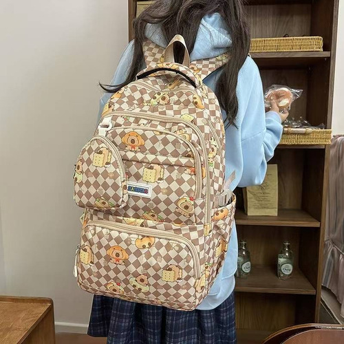 Nueva Mochila Para Estudiantes De Gran Capacidad, Bolsa De Viaje Con Estampado De Capibara De Dibujos Animados, Mochila Para Computadora Portátil. Caqui Nylon
