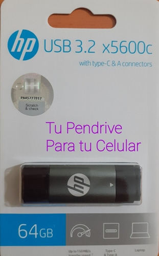 Pendrive Hp 64gb Con Entrada Tipo C / Usb 3.2 X5600c