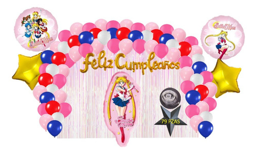 Kit De Decoracion Fiesta Cumpleaños Globos Sailor Moon 79 Pz