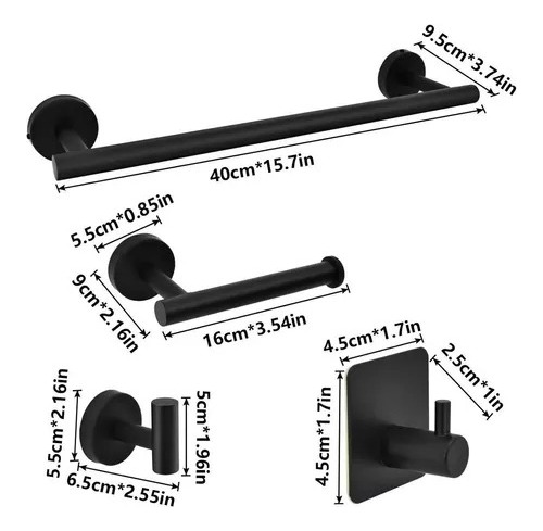 Set De 5 Accesorios De Baño Acero Inoxidable Negro Y Plata