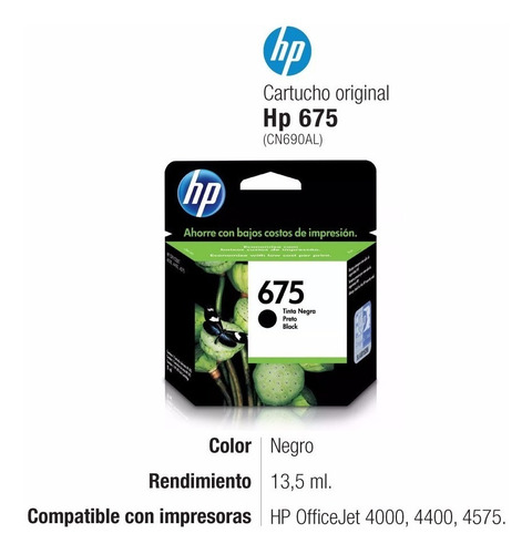 Imagen 2 de 4 de Cartucho Hp 675 Negro Original Cn690al 4000 4400 4575