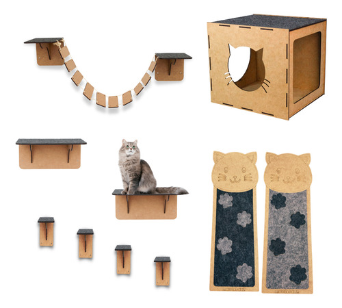 Kit Playground Parquinho De Gato 10 Peças Mdf Premium Resistente Com Arranhador De Patas Nicho Toca Reforçado Ponte Prateleira E Degrau Gatificação Gatil Suspenso Boxfan