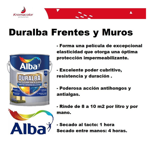 Pintura Latex Exterior Duralba Frentes Y Muros Blanco Alba Acabado Mate
