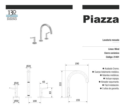 Griferia Baño Bacha Lavatorio Piazza Mind 21401 Cromo Metal