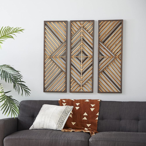 Deco 79 Wood Geometric Slatted Wood Design Wall Decor, Set O