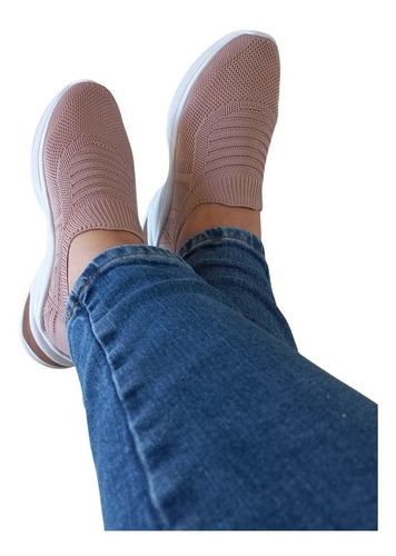 Imagem 4 de 6 de Tênis Feminino Sem Cadarço Meia Knit Slip On Nude Conforto