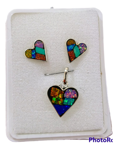 Aretes Y Dije Corazón Multicolor Opalo Plata Fina 925