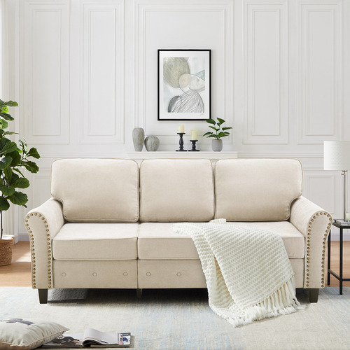 Sofa De Tres Plazas Tapizado De Terciopelo Color Beige