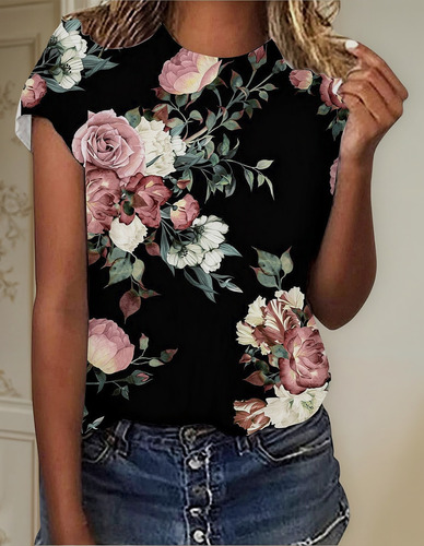 G Tops Estampados De Flores De Manga Corta Con Cuello Redond