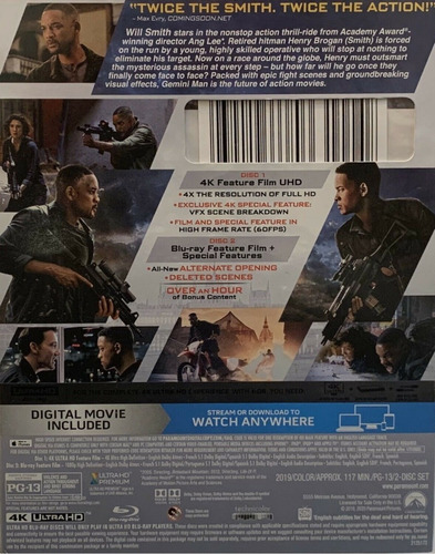 Proyecto Geminis Will Smith Pelicula 4k Ultra Hd + Blu-ray