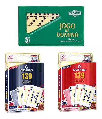 Kit Jogos Dominó 28 Peças Ossos E Baralho 54 Cartas 3 Dados