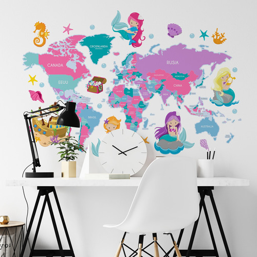 Vinilos Infantiles Mapamundi Mapa Sirenas Mp03a