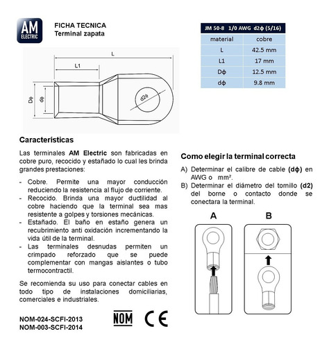 Terminal Zapata 1/0 Awg 5/16 50 Pzs Am-e